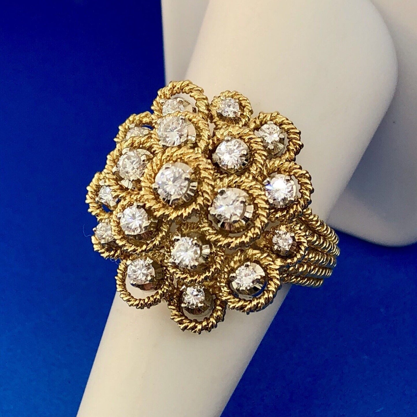 Stunning 18K Yellow Gold Diamond Floral Cluster Empire Setting Statement Ring