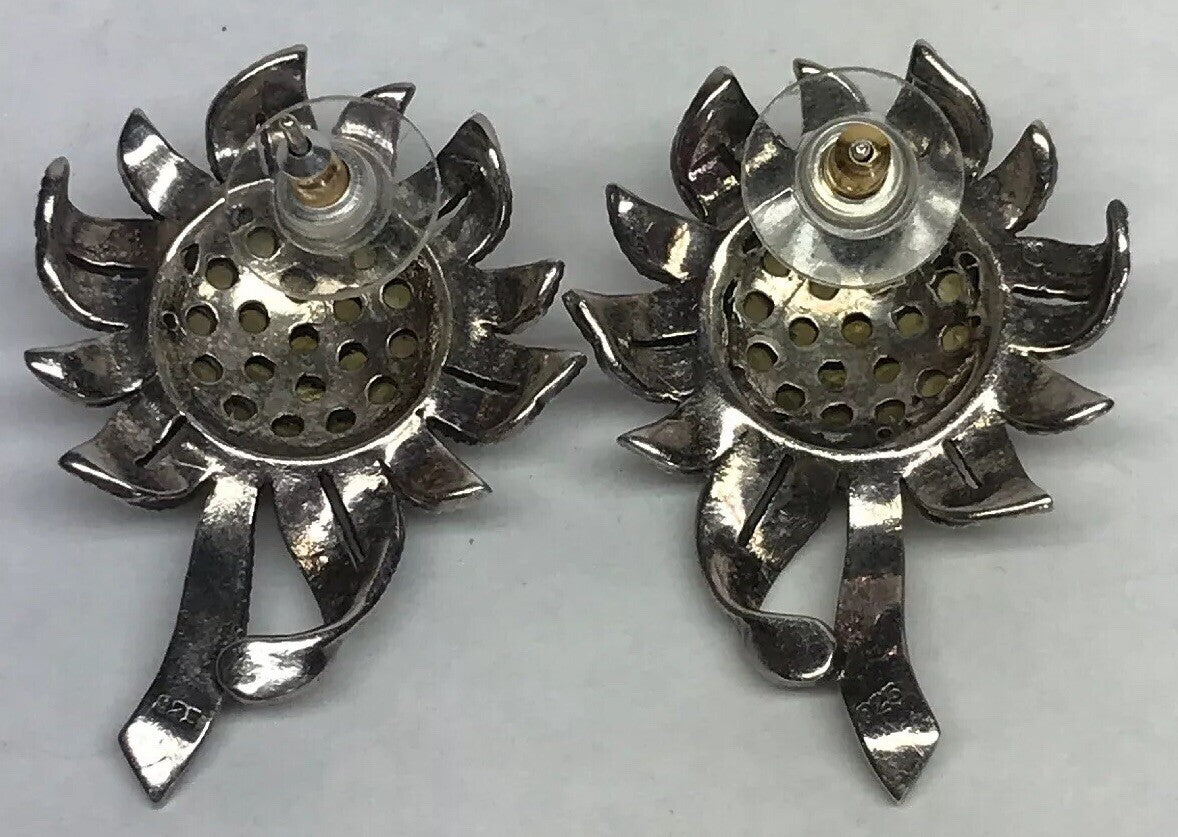 Art Deco Sterling Silver 925 Lemon Quartz Marcasite Sunflower Statement Earrings