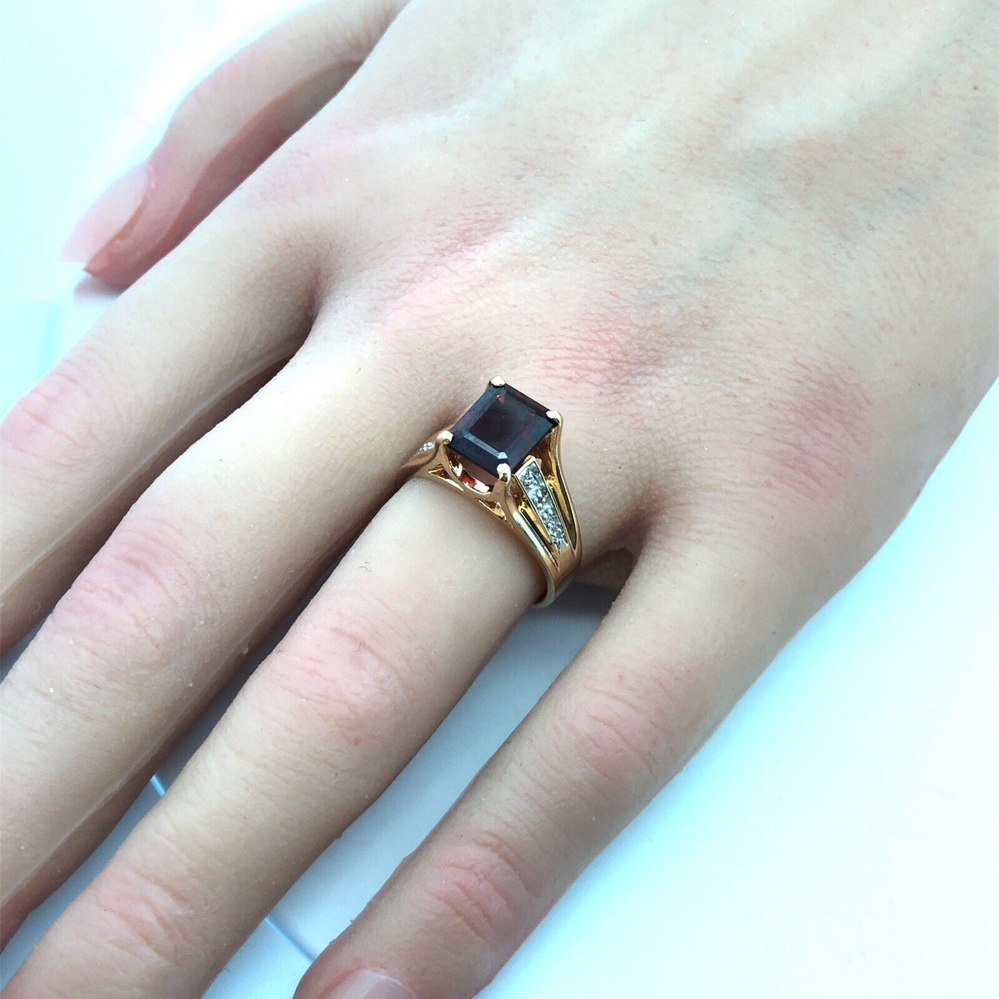 Designer 14K Yellow Gold Emerald Cut Garnet Round Diamond Accent Cocktail Ring