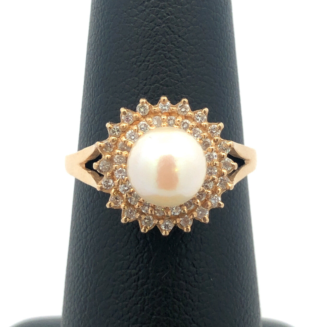 Vintage 14K Yellow Gold Pearl Solitaire Diamond Double Halo Cocktail Ring