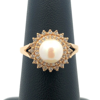 Vintage 14K Yellow Gold Pearl Solitaire Diamond Double Halo Cocktail Ring
