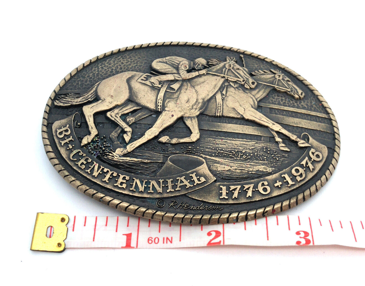 1976 Tony Lama Bicentennial Quarter Horse Racing Oval Brass Belt Buckle