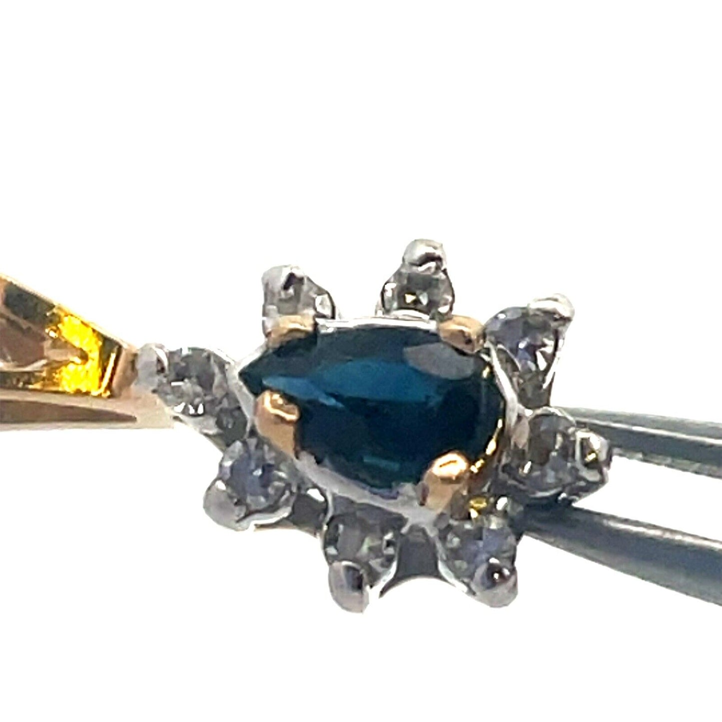 Vintage 14K Yellow Gold Pear Cut Blue Sapphire Diamond Halo Teardrop Pendant