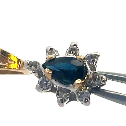 Vintage 14K Yellow Gold Pear Cut Blue Sapphire Diamond Halo Teardrop Pendant