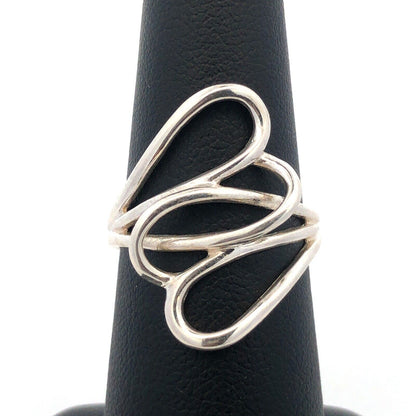 Designer 925 Sterling Silver Interlocked Hearts Modernist Bypass Size 7 Ring