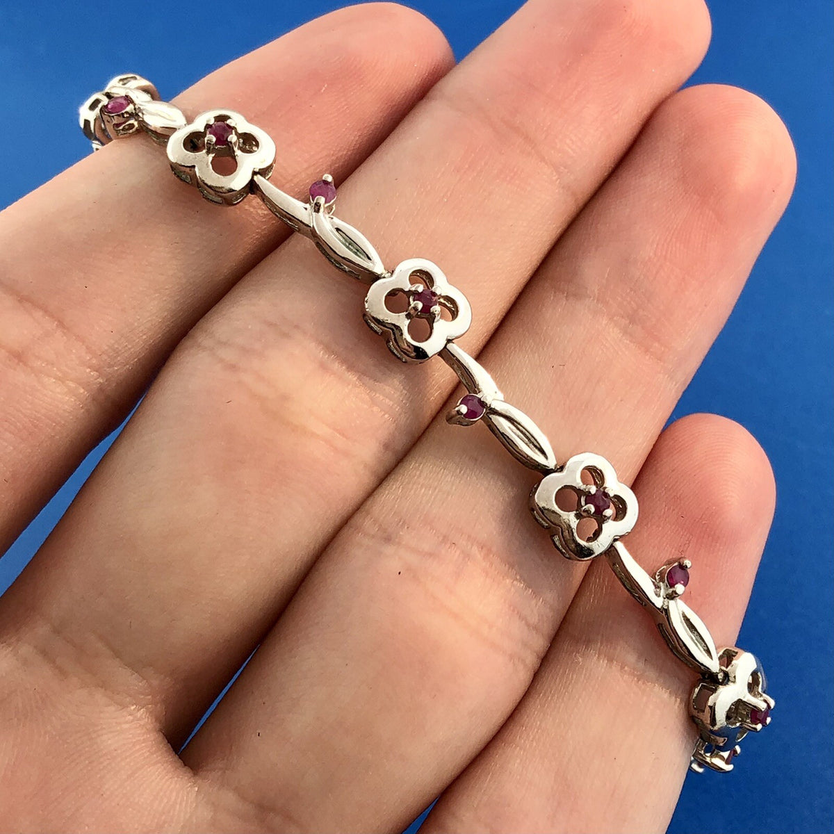 Designer 925 Sterling Silver Ruby Floral Vine July Anniversary Tennis Bracelet