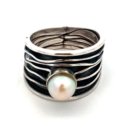 Designer Letty G Sterling Silver Pearl Solitaire Modernist Wide Cigar Band Ring