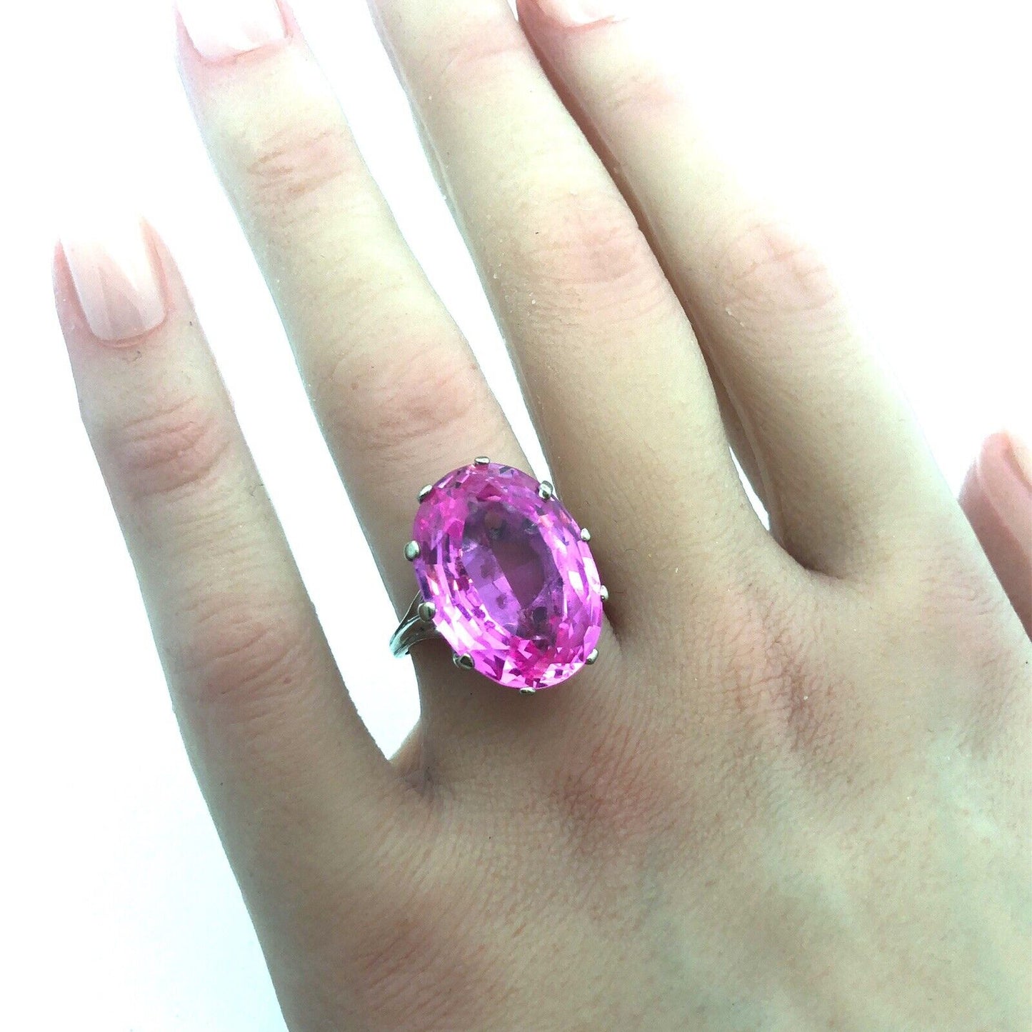 Designer 10k White Gold Oval Cut Hot Pink Sapphire Statement Cocktail Ring