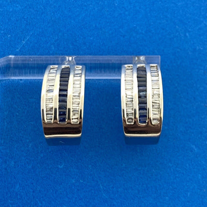 Retro 14K White Gold Channel Set Sapphire Diamond September Anniversary Earrings