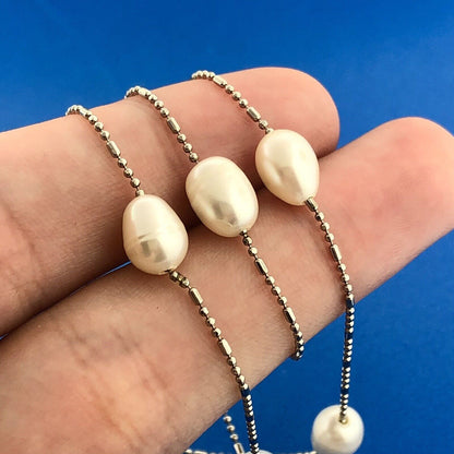 Lovely White Gold-Filled Baroque Oval Pearl Station Bracelet & Necklace Set