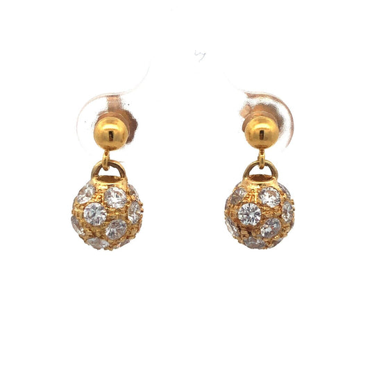 14K Yellow Gold Cubic Zirconia CZ Disco Ball Statement Drop Dangle Earrings