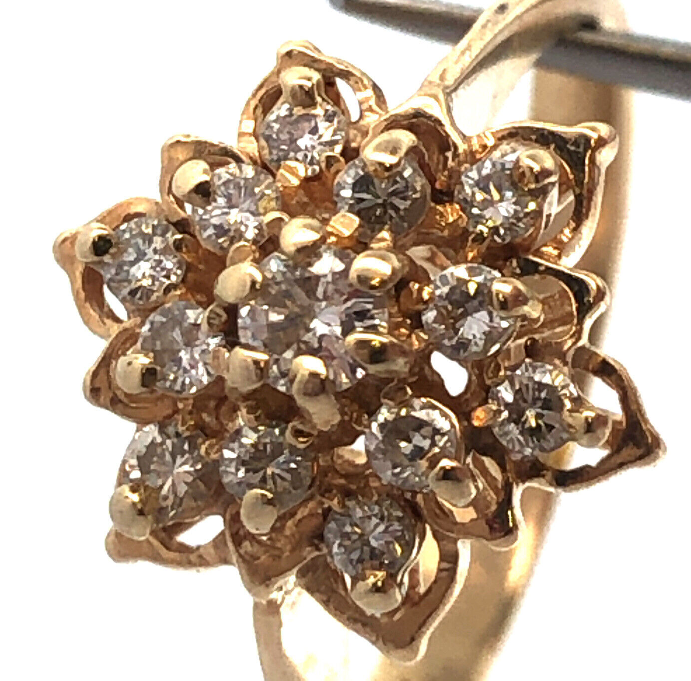 Vintage 14K Yellow Gold Round Diamond Cluster Flower Cocktail Ring