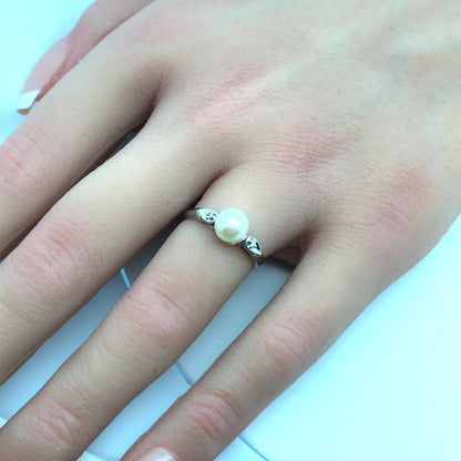 Designer 10K White Gold Round Pearl Diamond Accented Anniversary Ring