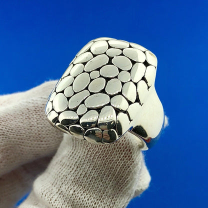 Retro Sterling Silver 925 Snakeskin Cobblestone Statement Rectangle Dome Ring