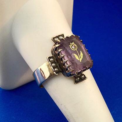 Art Deco Art Nouveau 14K Yellow Gold Amethyst Diamond Seed Pearl Cocktail Ring