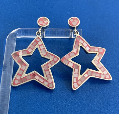Designer Sterling Silver Mother Of Pearl Inlay Pink Enamel Star Dangle Earrings