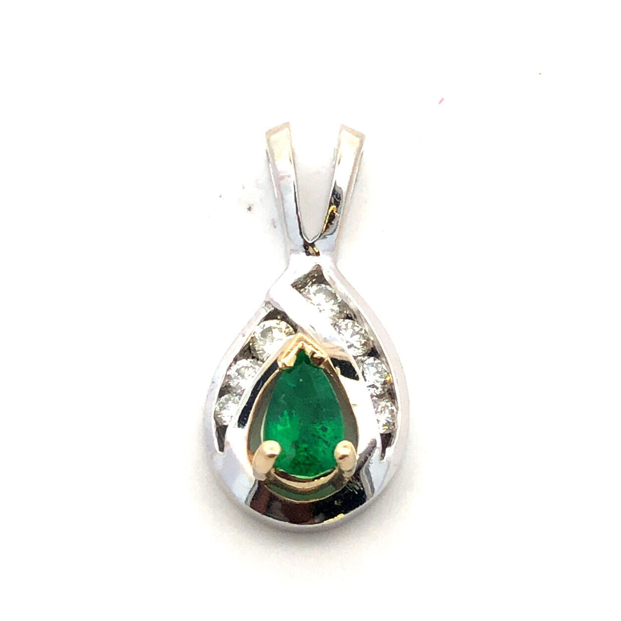 Designer 14K White Gold Pear Emerald Round Diamond Petite Pendant