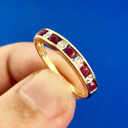 Classic 10K Yellow Gold Ruby Diamond Bridal Anniversary Birth Stone Band Ring