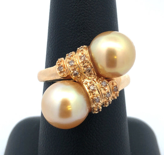 Designer 14K Yellow Gold Champagne Pearl Diamond Accented Bypass Cocktail Ring