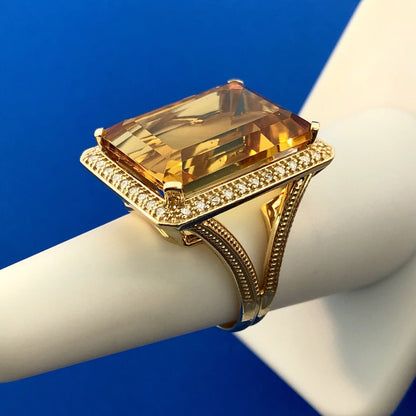 Dramatic 14K Yellow Gold Citrine Diamond Halo November Anniversary Dinner Ring