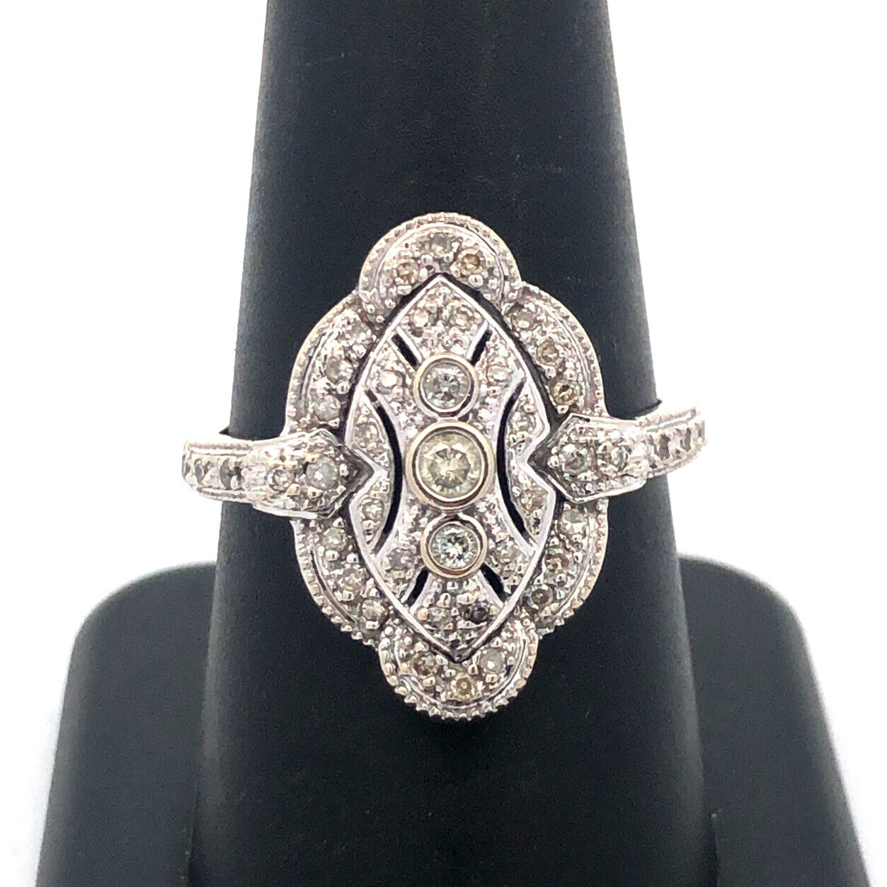 Art Deco Design 14K White Gold Round Diamond Oval Statement Ring