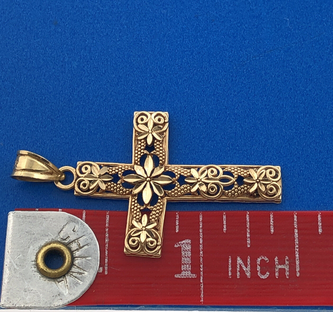 Gorgeous 14k Yellow Gold Openwork Religious Faith Floral Cross Dangle Pendant