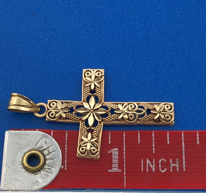 Gorgeous 14k Yellow Gold Openwork Religious Faith Floral Cross Dangle Pendant