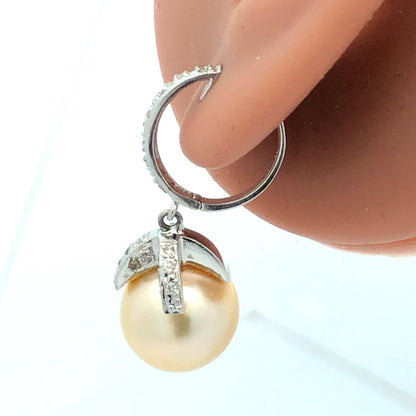 Vintage 18K White Gold Pearl Diamond Accent Dangle Drop Statement Hoop Earrings