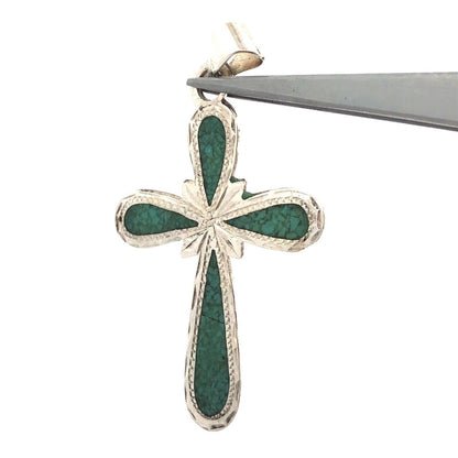 Vintage Taxco Mexico 925 Sterling Silver Turquoise Inlay Statement Cross Pendant