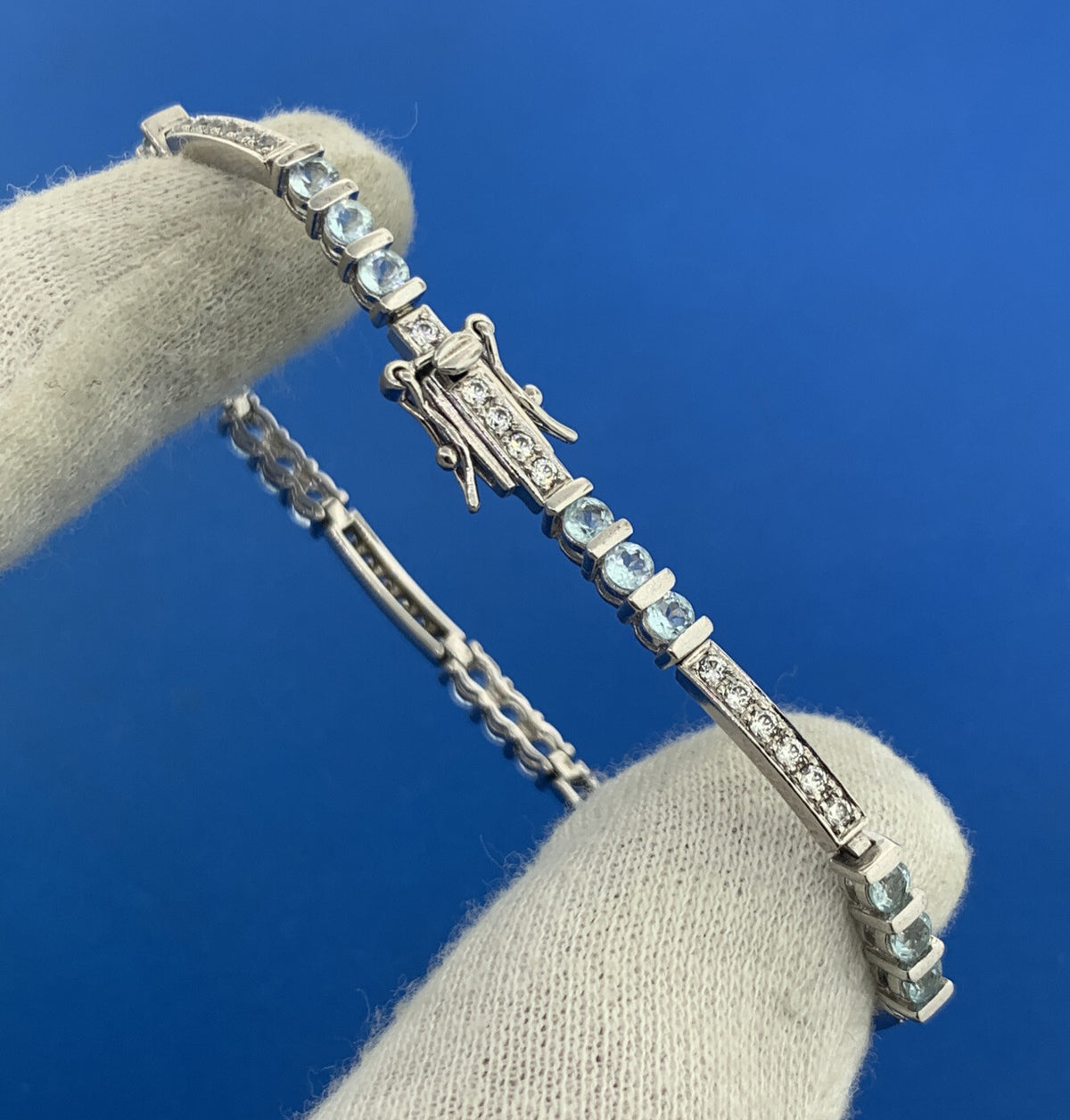 Designer 925 Sterling Silver Blue Topaz Cubic Zirconia Accented Tennis Bracelet