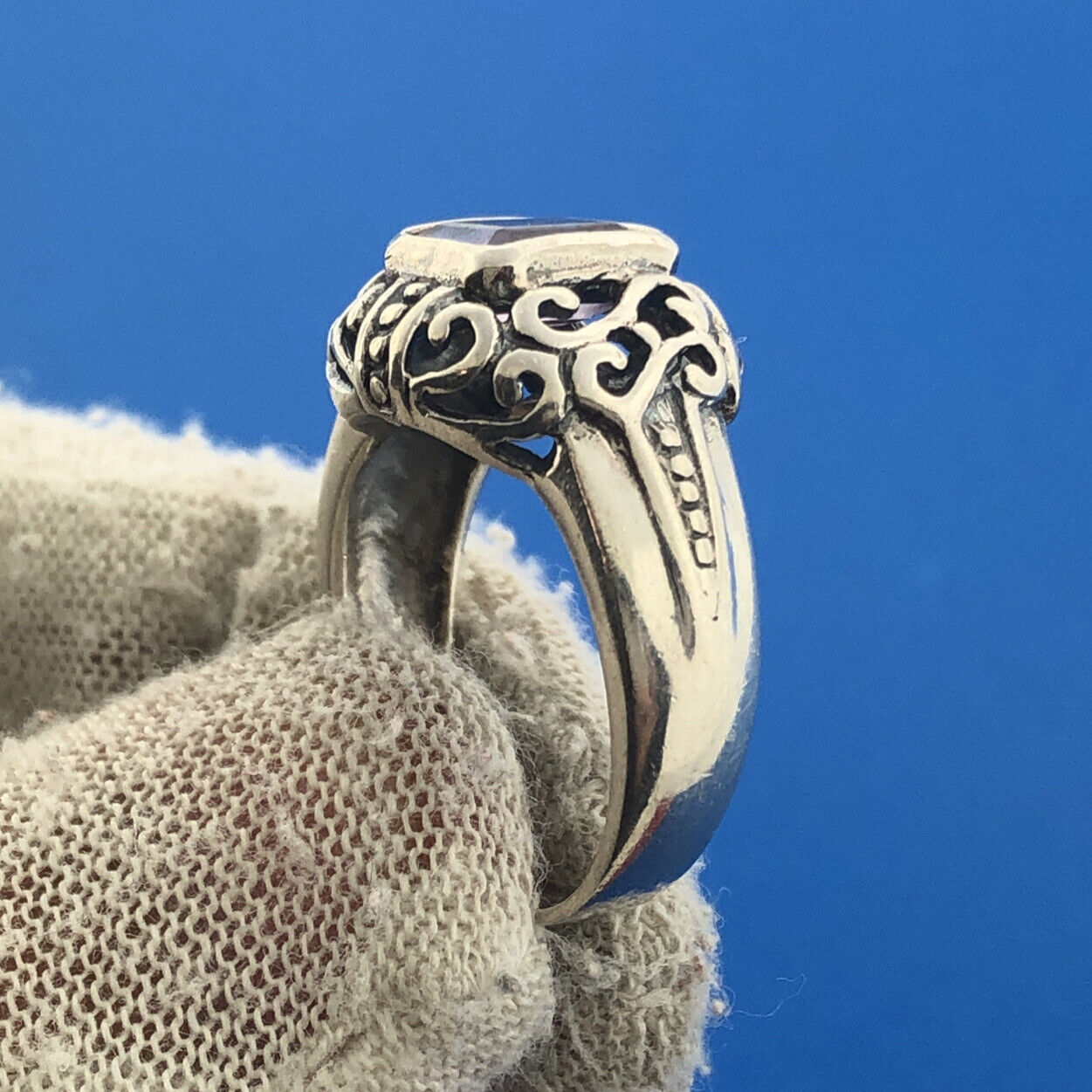 Vintage FAS 925 Sterling Silver Amethyst Open Scroll February Anniversary Ring