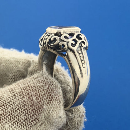 Vintage FAS 925 Sterling Silver Amethyst Open Scroll February Anniversary Ring