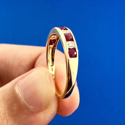 Classic 10K Yellow Gold Ruby Diamond Bridal Anniversary Birth Stone Band Ring