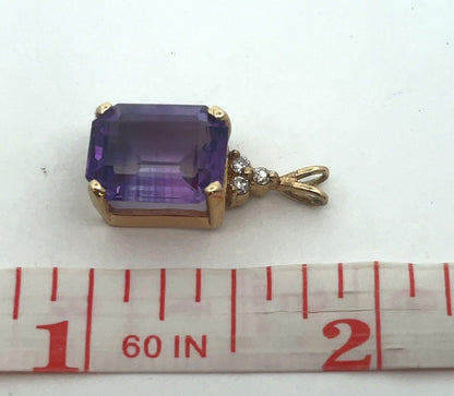 Vintage Designer 14K Yellow Gold Emerald Cut Amethyst Diamond Accent Pendant