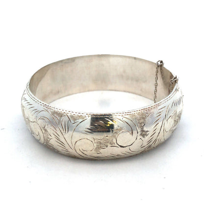 Vintage 925 Sterling Etched Engraved Vine Leaves Nature Hinged Bangle Bracelet