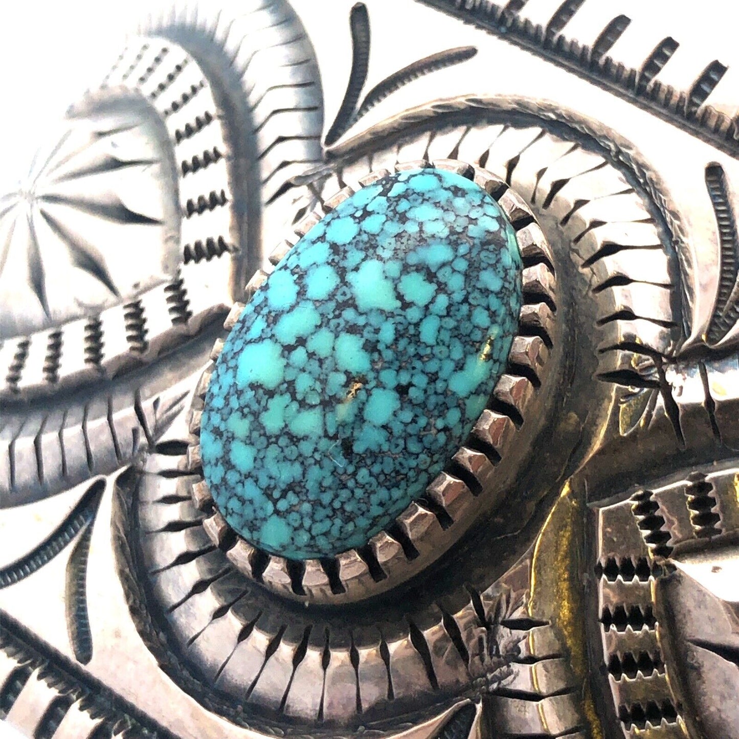 Native American Picto Signed Sterling Silver Turquoise Statement Cuff Bracelet