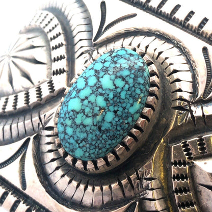 Native American Picto Signed Sterling Silver Turquoise Statement Cuff Bracelet