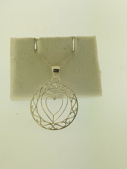 Sterling Silver 925 Heart Cutout Love Filigree Sweetheart Disc Pendant Necklace