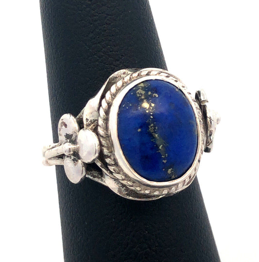 Vintage 925 Sterling Silver Oval Blue Lapis Lazuli Clover Textured Dome Ring