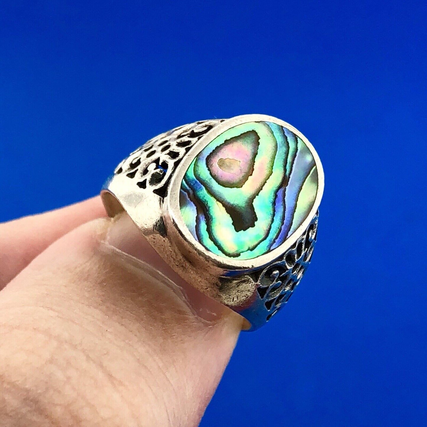 Designer NF 925 Sterling Silver Abalone Shell Cabochon Open Scroll Dome Ring