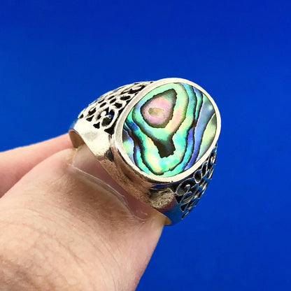 Designer NF 925 Sterling Silver Abalone Shell Cabochon Open Scroll Dome Ring
