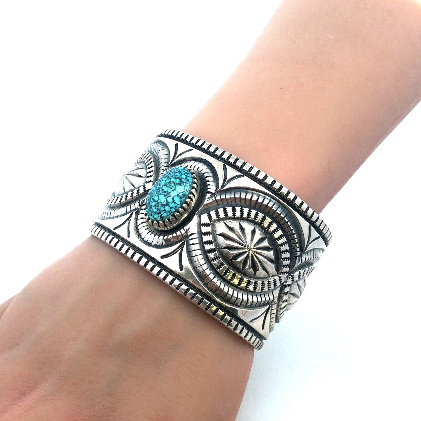 Native American Picto Signed Sterling Silver Turquoise Statement Cuff Bracelet