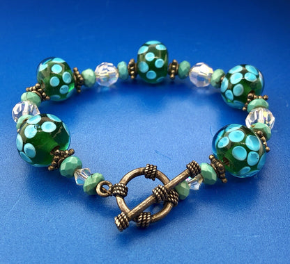 Vintage 925 Sterling Silver Turquoise Art Glass Crystal Bead Toggle Bracelet