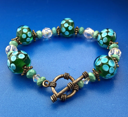 Vintage 925 Sterling Silver Turquoise Art Glass Crystal Bead Toggle Bracelet