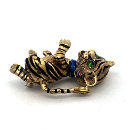 Vintage Martine 14k Yellow Gold Enamel Tiger Cat Brooch Pin Pendant