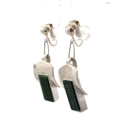 Designer Sterling Silver Chrysoprase Panel Modernist Statement Clip On Earrings