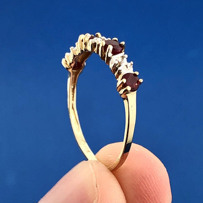 Retro 10K Yellow White Gold Ruby Diamond Stackable Anniversary Band Ring