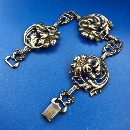 Vintage Art Deco Sterling Silver 925 7.5" Womens Floral Link Bracelet