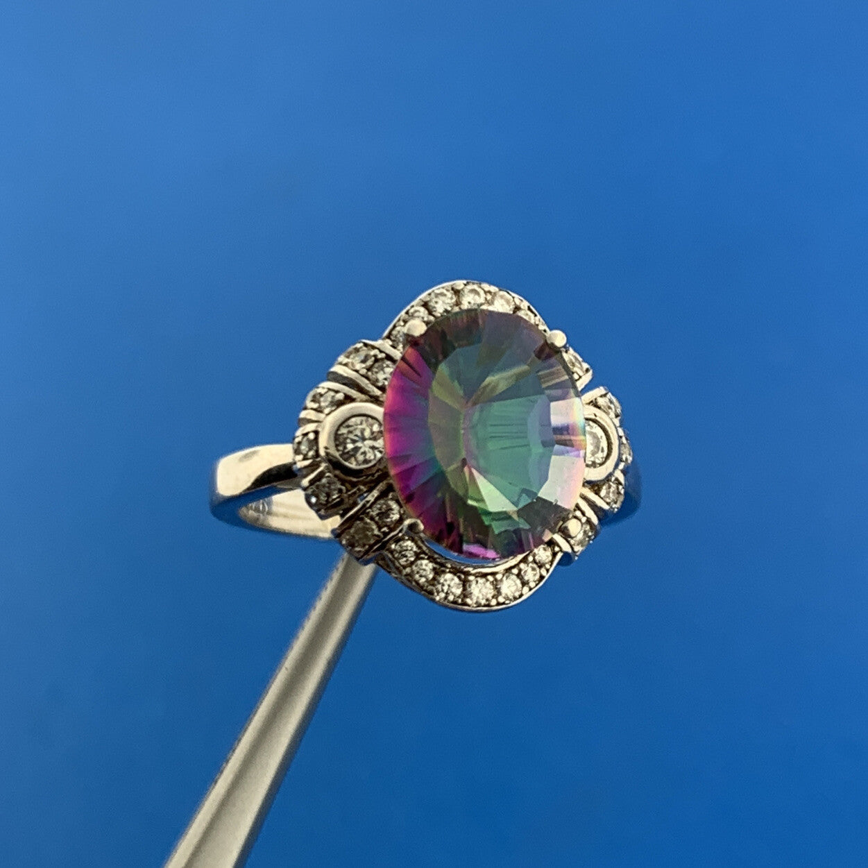 925 Sterling Silver Oval Mystic Topaz Cubic Zirconia CZ Halo Accent Ring