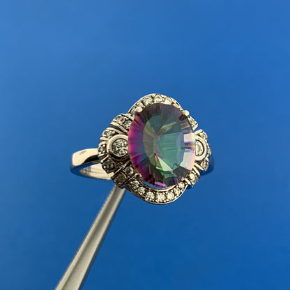 925 Sterling Silver Oval Mystic Topaz Cubic Zirconia CZ Halo Accent Ring